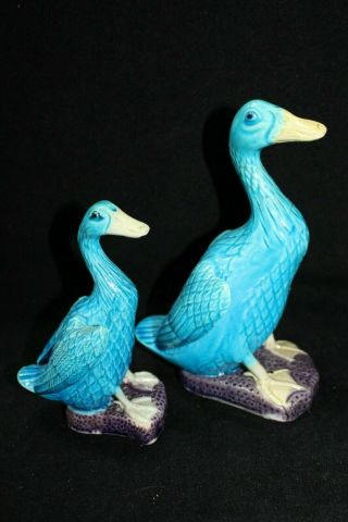 Vintage Asian Chinese Mud Man Ducks Goose Pair Turquoise Blue,  Repaired 1