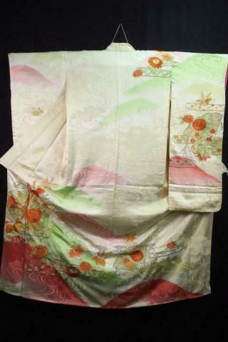 12a19394 Silk Vintage Tall Wide Japanese Kimono Furisode Emboridery Crane Birds
