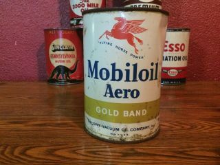 Vintage Socony - Vacuum Mobil Gold Band Aero Motor Oil Can Metal Full Aviation