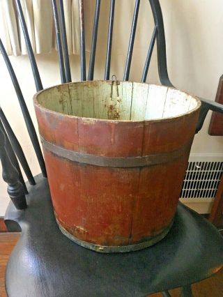 Antique Staved Wooden Sap Maple Syrup Bucket Pail,  Old Red Paint & Metal Bands