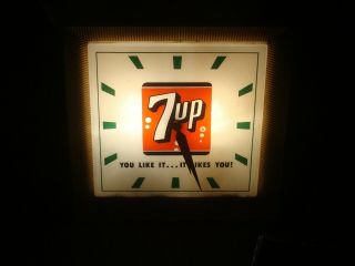 Vintage 7up Lighted Advertising Clock “you Like It.  It Likes You ”
