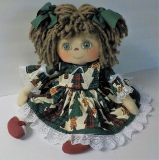 Handmade Primitive Raggedy Ann Christmas Doll " Rachel " W/ Holiday Ornie