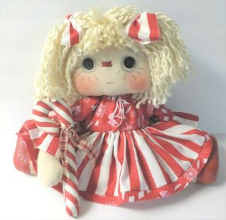 Hm Christmas Primitive Raggedy Ann Button Eye Doll " Sherry " Candy Cane