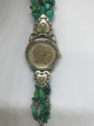 Vintage Ptg Sterling Silver Turquoise Native American Watch Need Battery 9”