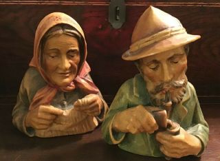 Vintage Hand Carved Man W/ Pipe Woman Knitting Heinzeller Germany Wooden Figures