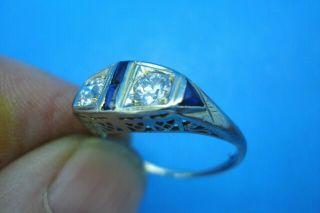 Antique Art Deco 18k Wg Diamond And Sapphire Ring - - Size 7 - - Filligree Mounting