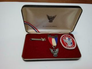 Vintage Boy Scout Eagle Medal Sterling Silver W/ Sterling Tie Clip And Badge