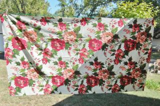 Bark Cloth Flower Print Fabric 84 " X 48 " Red & Pink Floral Drapery Upholstery