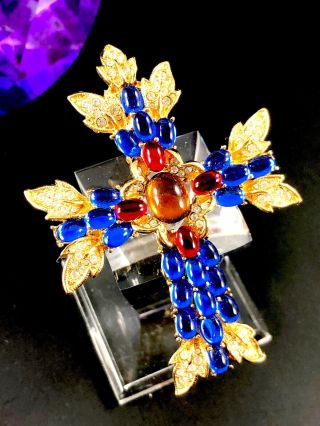 1996 Ltd.  Ed.  Trifari Gold Plated Ruby Sapphire Cabochon Cross Brooch Pendant