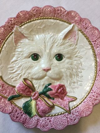 Fitz And Floyd Essentials White Cat Plate Pink Rose 8 1/2” Cat Lover Gift