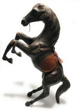 Vintage Leather Wrapped Paper Mache Horse Statue With Saddle Rearing Standing Up