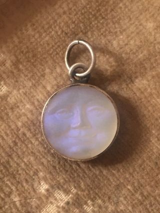 Sterling Silver Man In The Moon Face Fluorescent Glass Charm Unusual Pendant