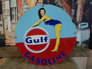 Old Vintage 1953 Gulf Gasoline Porcelain Enamel Gas Pump Sign