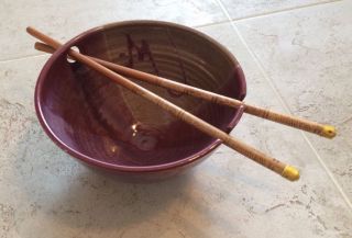 Handmade Noodle Bowl W/ Chopsticks Stoneware Chinese Japanese Ramen Made In Usa