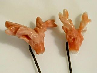2 Antique Estate Victorian Carved Coral Stick Pins With Stag Deer Heads Antlers
