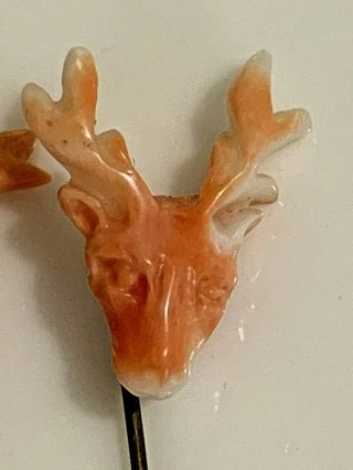 2 Antique Estate Victorian Carved Coral Stick Pins with Stag Deer Heads Antlers 2