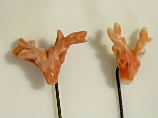 2 Antique Estate Victorian Carved Coral Stick Pins with Stag Deer Heads Antlers 3