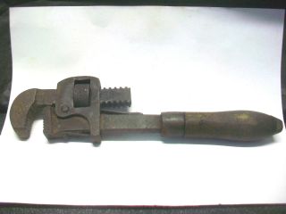 Vintage Stillson 10 " Adjustable Pipe Wrench Hand Tool Heavy Duty Wood Handle Usa