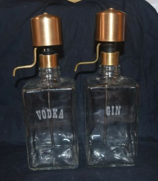 Vtg Bar Set Of 2 Glass Pump Bottles Dispensers Vodka Gin Euc