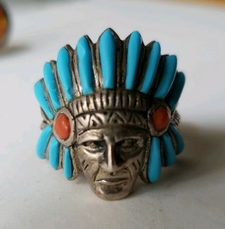 Turquoise Indian Chief Pawn Sterling Silver Vintage Navajo Route 66 Size 11.  5
