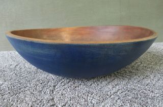 Vintage Bowl Primitive Country Blue Paint Large 14 " Diameter Round Wood Dough