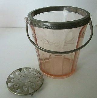 Pink Depression Glass Ice Bucket With Etched Floral Pattern