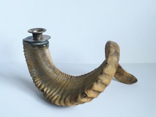 Vtg Antique Ram Horn Candle Stick Holder Silver Brass Mount