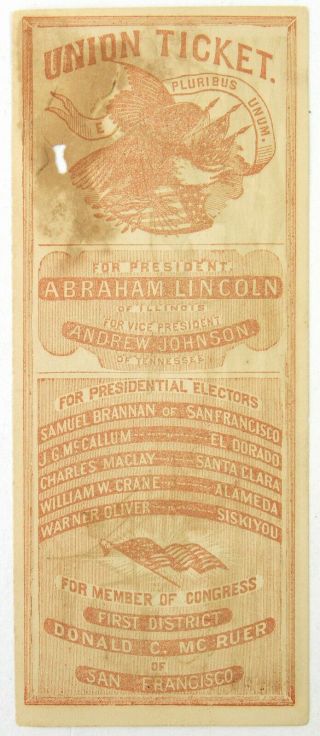 1864 Abe Lincoln 16th President Of The United States 3x7.  5 Union Ticket Handbill