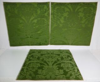 3 Vintage Scalamandre Silk Damask Fabric Samples.  Foliage Green.  25 " X 25 " 2