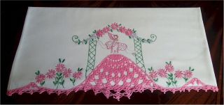 Lovely Vintage Pillow Case Single Southern Belle Embroidered Pink Crocheted Lace