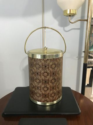 Vintage Mid Century Modern Large Ice Bucket Brown Gold Embossed Atomic Mcm