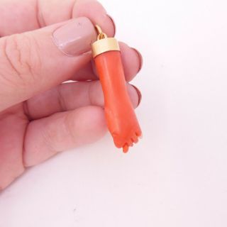 18ct Gold Natural Coral Carved Hand Pendant