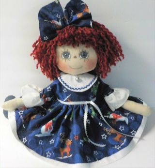 Handmade Primitive Raggedy Ann Christmas Doll " Jesse " W/ Snowman Sled