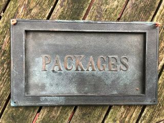 Vintage Embossed Brass Bronze Mail Box Door “packages” 12 1/2 X 7 1/4” W Spring