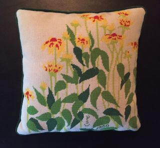Vintage 1980 Yellow Red Floral Needlepoint Pillow Decorative Green Velvet Back