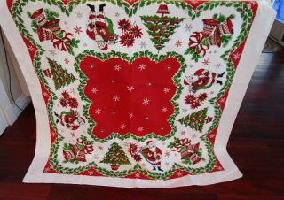 Vintage 1950s Christmas Tablecloth Santa Poinsettia Holly Ornaments 52x48