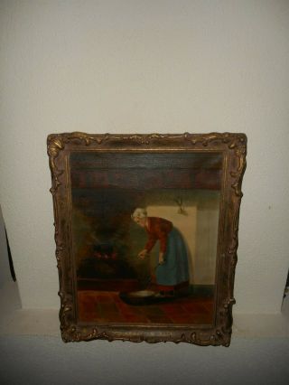 2 Old Oil Paintings,  Indoors Scene With A Woman Cooking - Landscape,  Woman & Cow