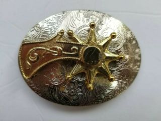 Vtg Western Silver Belt Buckle With Gold Spur That Spins