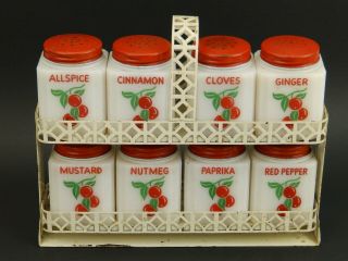 1950s Vintage Set 8 Mckee Tipp City Milk Glass Spice Jars Lids & Rack Red Cherry