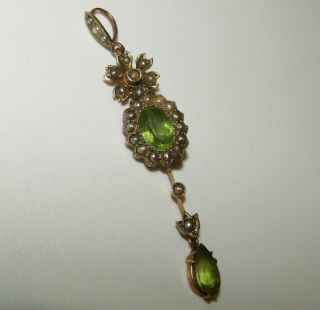 , Antique Victorian 9 Ct Gold Pendant With Fine Peridot And Seed Pearls