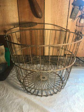 Antique Primitive Large Metal Wire Egg Gathering Basket With Bail Handle