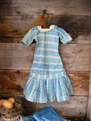 Early Antique Doll Dress Faded Blue Cotton Calico Treadle Machine Sewn