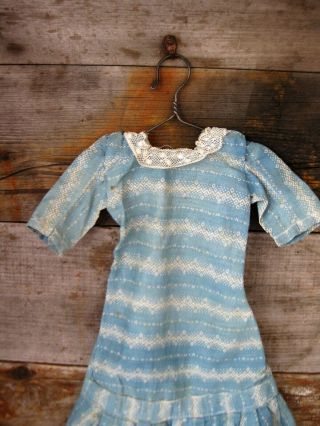Early Antique Doll Dress Faded Blue Cotton Calico Treadle Machine Sewn 2
