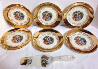 Vintage Sabin Crest - O - Gold Plates And Cake Knife Warranted 22k Set Of 6
