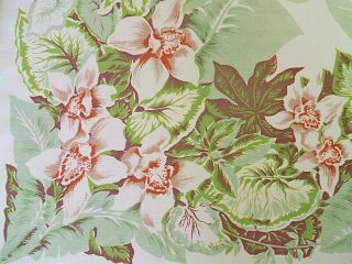Vintage Tropical Coral Pink & Green Flower Palm Fronds Tablecloth 52 X 48