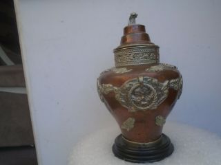 Interesting Large Tibetan / Chinese Copper Lidded Pot With Silvered Decoration