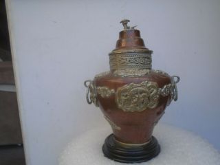 Interesting large Tibetan / Chinese copper lidded pot with silvered decoration 2