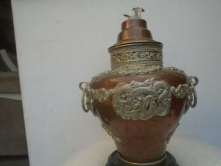 Interesting large Tibetan / Chinese copper lidded pot with silvered decoration 3