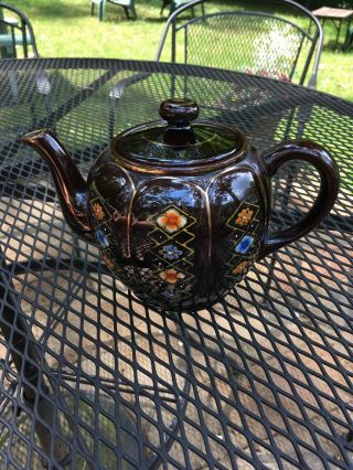 Vintage Teapot Made In Japan Gloss Brown Glaze Hand Painted Ceramic 2 Cup