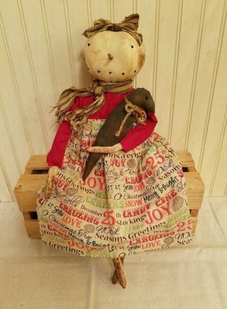 Primitive Grungy Lady Snowman Christmas Doll & Her Crow